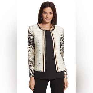 CHICO’S Versailles Sleeve Pattern Jacket Coat Blazer Ivory Black Gold Chain Wool